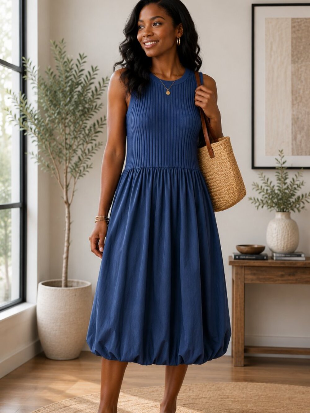 PINCH Blue Ribbed Bubble Hem Midi Dress Size M Sleeveless Knit Mixed Media